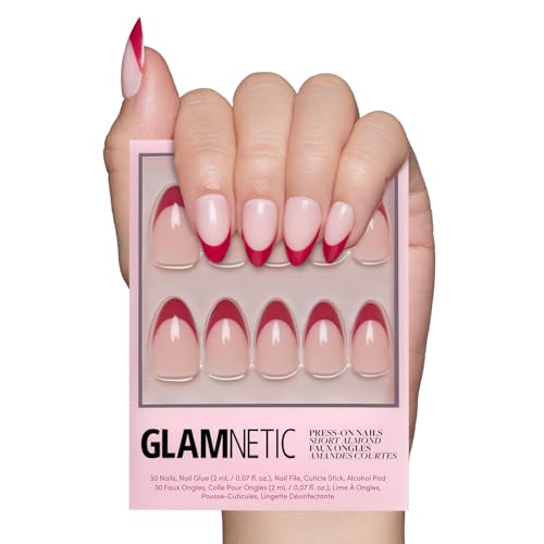 Glamnetic Press On Nails - Rose Garden | Semi-Transparent Red French Tip Short Almond False Nails, Reusable Stick On Fake Nails with Glue | Salon Quality | 15 Sizes - 30 Nail Kit