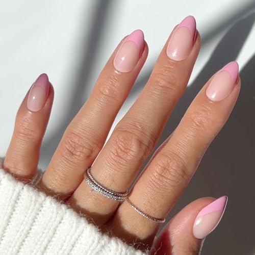 Glamnetic Press On Nails - Pink Macaron | Semi-Transparent Pastel Light Pink French Tip Short Almond False Nails, Reusable Stick On Fake Nails with Glue | Salon Quality | 15 Sizes - 30 Nail Kit