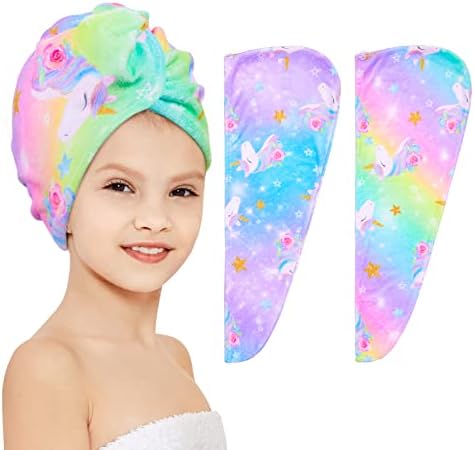 FIOBEE Microfiber Hair Towel Wrap for Kid Rapid Drying Towel Absorbent Hair Turbans for Wet Hair with Button Women Girls Long Curly Hair Pack of 2, Blue