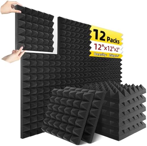 12 Pack Pyramid Acoustic Foam Panels 1" X 12" X 12" High Density Soundproof Foam Panels for Wall, Quick-Recovery Noise Cancelling Wall Panels with 180 Pcs Double Side Adhesive