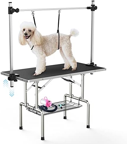 Dog Grooming Table, Adjustable Cat Drying Desktop with Arms, Nooses, Mesh Tray, Foldable Pet Station at Home, Maximum Capacity Up to 330Lb, 36inch, Black