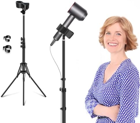 Hair Dryer Stand Black 20-63 Inch Adjustable Blow Dryer Holder with Tripod and Universal Clip, Easy to Use, Hands Free Relieve Wrist Pain, Shoulder Periarthritis etc