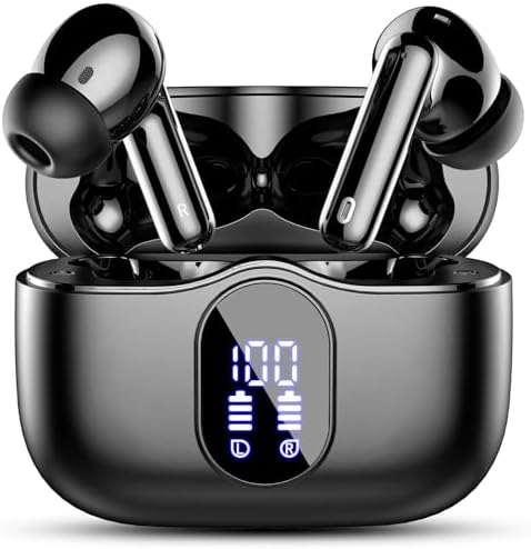 Wireless Earbuds, Bluetooth 5.4 Headphones Bass Stereo, Ear Buds with Noise Cancelling Mic LED Display, IP7 Waterproof in Ear Earphones, 36H Playtime for Laptop Pad Phones Sports Workout, Black