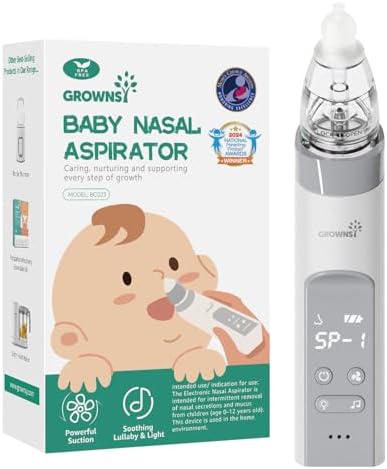 GROWNSY Nasal Aspirator for Baby, Baby Nose Sucker Pro with 3 Soft Silicone Tips, Adjustable Suction, Electric Nose Suction for Baby, Built-in Music & Light Soothing