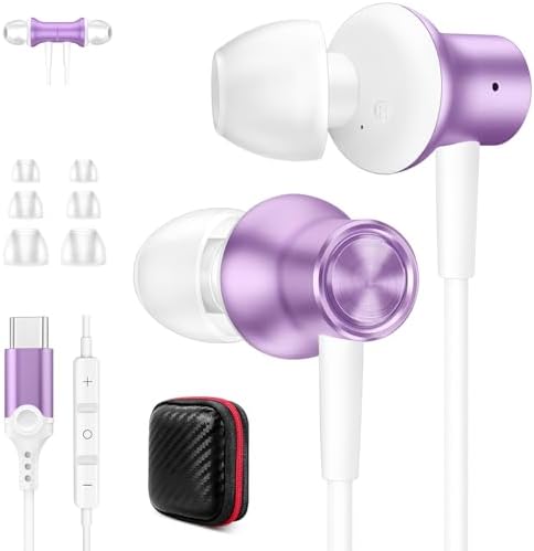 Jiunai USB C Headphone for Samsung S24, Type C Wired Earbud with Mic in Ear Magnetic Noise Isolation Stereo Remote Control Audio Corded Earphone for Samsung Galaxy S25 Ultra S25 Plus iPhone 16e Purple