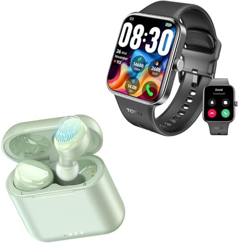 TOZO S4 AcuFit One Smartwatch 1.78-Inch Call/Receive Fitness Tracker Black + T6 Wireless in-Ear Bluetooth 5.3 Headset Green