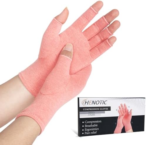 2 Pairs Arthritis Compression Gloves for Women Men, Fingerless Breathable & Moisture Wicking Compression Gloves for Relieving Carpal Tunnel Aches, Rheumatoid Pains, Joint Swell Pink S