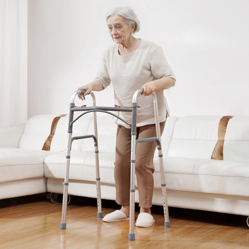 VEVOR Folding Walker, 2-Button Folding Walkers with 5" Solid Wheels and Adjustable Height, Lightweight Aluminum Mobility Walker, Front Wheeled Rolling Walkers for Seniors and Adults, Up to 350 Pounds