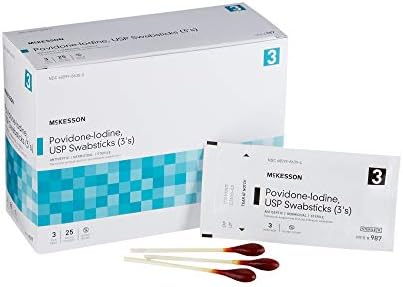 McKesson Povidone Iodine 10% Swabs Stick [75 Sticks], Sterile Swabsticks, Topical Pre-Surgical and First Aid, 3 Per Pack, 25 Packs