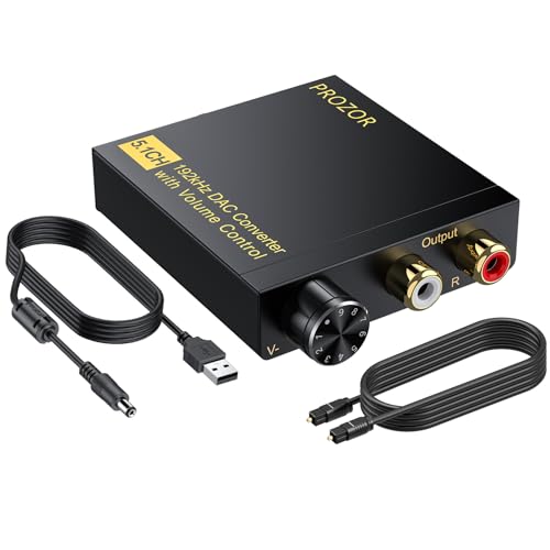 PROZOR DAC Converter 192Khz Digital to Analog Audio Decoder with Volume Control Support 5.1CH DTS Dolly-AC3 Coaxial SPDIF Toslink Optical to RCA Adapter for HDTV Blu-ray DVD PS3 Home Cinema System