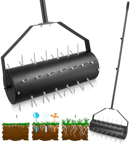 18-inch Rolling Lawn Aerator Tool, 50"-70" Handle Heavy Duty Spike Aerator with Sandbag, 40 Iron Spikes Tighten with Patience, Manual Rolling Aerator Lawn for Yard Garden