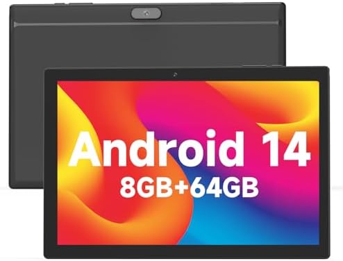 Tablet Android 14 Tablet 10 Inch Tablet 64GB Storage Tablets 8GB RAM 1024GB Expand 2MP+8MP Dual Camera 10 IN Tab Quad-Core Processor WiFi Bluetooth 6000MAH Battery 10.1'' IPS HD Touch Screen Tableta