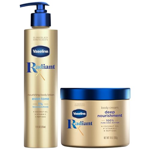 Vaseline Radiant X Skin Care Set – Even Tone Nourishing Body Lotion with 1% Niacinamide + Deep Nourishment Body Cream with Shea Butter & Vitamin C (2 Piece Set)