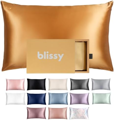 Blissy Silk Pillowcase - 100% Pure Mulberry Silk - 22 Momme 6A High-Grade Fibers - Silk Pillow Cover for Hair & Skin - Regular, Queen & King with Hidden Zipper Standard, Gold