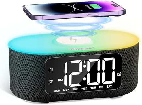 JALL Fabric Alarm Clock for Bedroom, with Big Led Screen Display, Bluetooth Stereo Sound Speaker, FM Radio, Fast Wireless Charging, USB Charging Port, Nightlight, White Noise, Ideal for Gift, Black