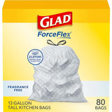 Glad Trash Bags, ForceFlex Tall Kitchen Drawstring Garbage Bags, 13 Gal, Fragrance Free, 80 Ct, Package May Vary