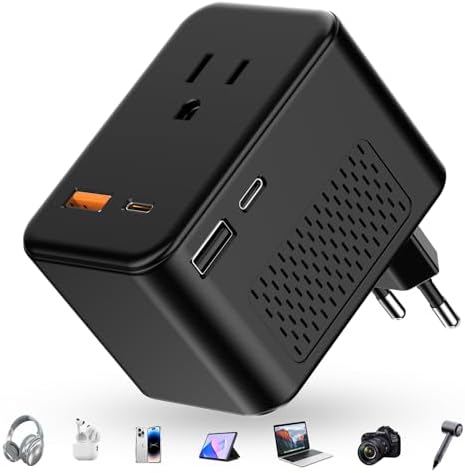 US to Europe Travel Adapter Voltage Converter, 220V to 110V International Power Converter Adapter Combo Plug, PD 20W Quick Charging, 2 USB-A & 2 USB-C Port, US to Italy Spain France European (Black)