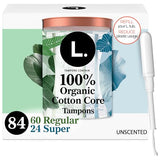 L. Cotton Tampons Regular/Super Absorbency Multipack, Free from Chlorine Bleaching, Pesticides, Fragrances, or Dyes, 84 Count (2 Packs of 42) (Packaging May Vary)