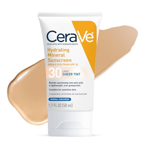 CeraVe Hydrating Mineral Sunscreen SPF 30 with Sheer Tint, Tinted Mineral Sunscreen with Zinc Oxide & Titanium Dioxide, Blends Seamlessly For Healthy Glow, Light, 1.7 Oz