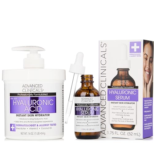 Advanced Clinicals Hyaluronic Acid Moisturizer Body Cream + Hyaluronic Acid Serum Skin Care Product 2pc Bundle, Face Serum & Body Lotion Targets Wrinkles, Dark Spots, Fine Lines, & Dry Skin, 2pc Set