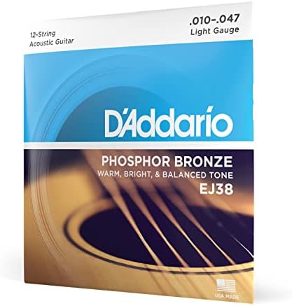 D'Addario Guitar Strings - Phosphor Bronze Acoustic Guitar Strings - EJ38 - Rich, Full Tonal Spectrum - For 12 String Guitars - 10-47 Light 12-String