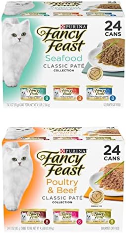 Purina Fancy Feast Grain Free Pate Wet Cat Food Variety Pack, Seafood Classic Pate Collection and Poultry & Beef Collection