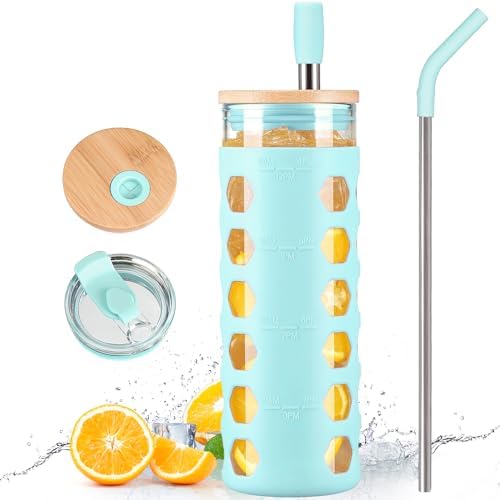 MUKOKO 20 oz Glass Tumbler with Straw and 2 Lids - Bamboo Lid & Press-in 2 in 1 Lid, Glass Water Bottles with Pearl Milk Tea & Drinking Straw, Smoothie Glass Cups Silicone Sleeve BPA Free - Green