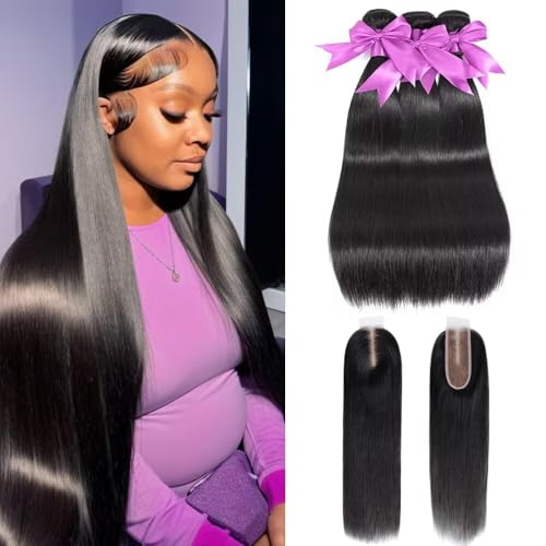 2x6 HD Lace Closure with Bundles 10 12 14+10 Inch Straight Bundles with Closure Human Hair 100% Unprocessed Brazilian Virgin Weave Bundles Human Hair 3 Bundles Deals with Closure