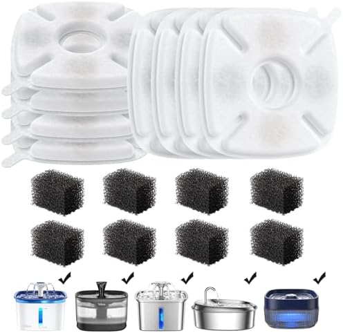 Veken Cat Water Fountain Filter, Classic 8 Pack Replacement Filters & 8 Pack Replacement Pre-Filter Sponges for 67oz, 95oz, 135oz Automatic Pet Fountain Dog Water Dispenser