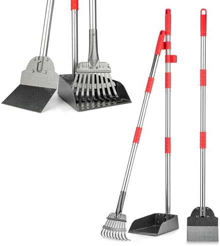 Pooper Scooper, Long Handle Dog Pooper Scooper, Heavy Duty Stainless Steel Rake with Tray & Spade Set for Pet Waste Removal, for Grass, Dirt or Gravel