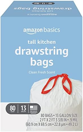 Amazon Basics Tall Kitchen Drawstring Trash Bags, Clean Fresh Scent, 13 Gallon, 80 Count (Previously Solimo)