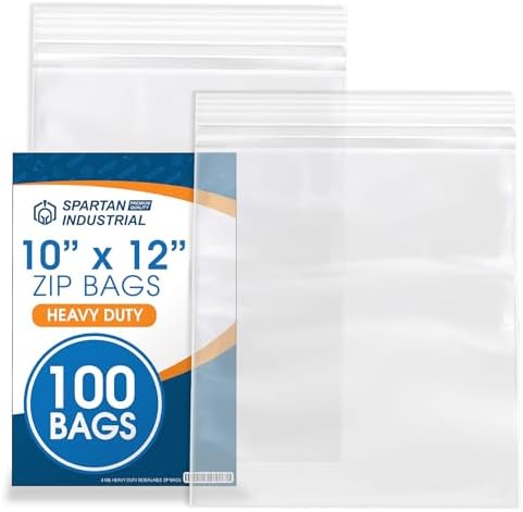 Spartan Industrial - 10” X 12” (100 Count) 4 Mil Thick Clear Reclosable Zip Plastic Poly Bags with Resealable Lock Seal Zipper - Heavy Duty and Durable