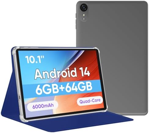 Tablet 10.1 inch, Android 14 Tablets 9(3+6) GB RAM 64GB ROM 1TB Expand, 1280x800 IPS HD Touchscreen,6000mAh Battery, Bluetooth, Dual Camera, GMS, WiFi, Case (Black)