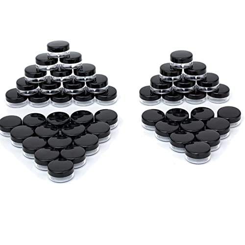 ZEJIA 3 Gram Sample Containers with Lids,75Pack Tiny Sample Jars with Labels, Mini Plastic Cosmetic Containers for Beauty Products, Lip Balms, Lotion, Powder (Black Lids)