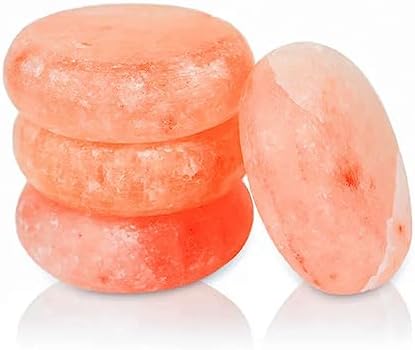 Himalayan Salt Massage Stone Discs - Flat, Thick & Round - Set of 4 | Pink Crystal Hand-Carved Stone for Massage Therapy and Deodorant (Large 3.5")