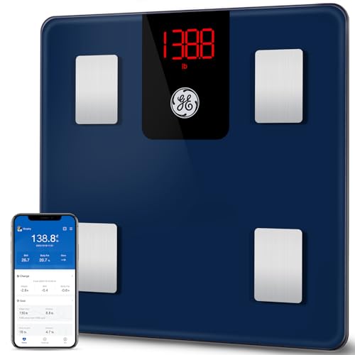 GE Smart Body Fat Scale: Digital Bathroom Scales for Body Weight and Fat Percentage Bluetooth Body Composition Analyzer Accurate Weighing Machine Health Monitor with Smartphone App, 400 lbs