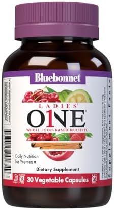 Bluebonnet Nutrition Ladies One Organic Vegetable Capsule, Whole Food Multiple, K2, Energy, Vitality, Non-GMO, Gluten, Soy & Milk Free, Kosher, 1 Month Supply, Light Grey, 30 Count