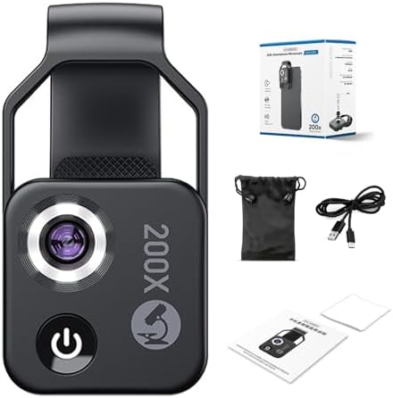 200X Phone Mini Pocket Microscope with LED Light/Universal Clip, Nano Zoom Portable Digital Microscope Camera Attachments for 99% Smartphone, Microworld for Kids Adults,Black