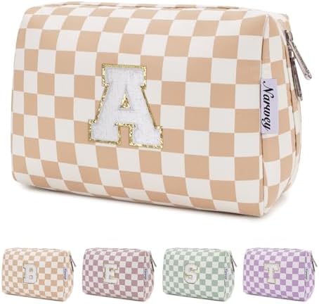 Narwey Personalized Initial Makeup Bag Toiletry Bag Gifts for Women Girls Large Checkered Makeup Bag Zipper Pouch Travel Cosmetic Bag Organizer for Women (Light Checkerboard Letter A)