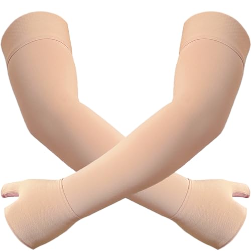 Medical Compression Arm Sleeve with Silicone Dot&Gauntlet for Women Men,20-30 mmHg Graduated Compression Full Arm Support for Edema,Post Surgery Recovery,Swelling,Pain Relief(Medium,Pair)