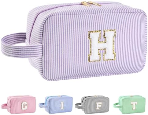 Personalized Initial Makeup Bag A-Z, Travel Toiletry Bag Preppy Make Up Bags Girls Cute Cosmetic Pouch Makeup Organizer Wedding Birthday Christmas Valentines Day Gifts for Women (Purple, H)