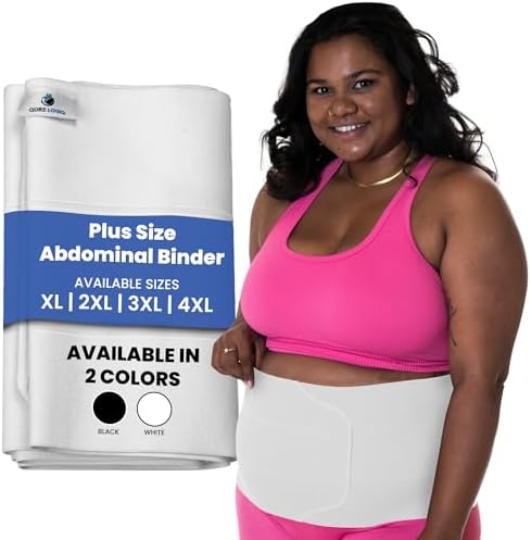QORE LOGIQ Plus Size Abdominal Binder Post Surgery - C Section Belly Binder, Postpartum Belly Band, Adjustable 9" Compression Wrap for Stomach & Hernia Belt, White XL