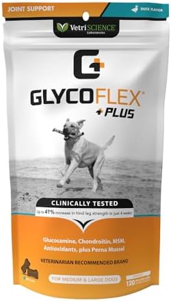 VetriScience GlycoFlex Plus Hip and Joint Supplement for Dogs – Extra-Strength Joint Support Chews with Green Lipped Mussel, Chondroitin, and Glucosamine for Dogs