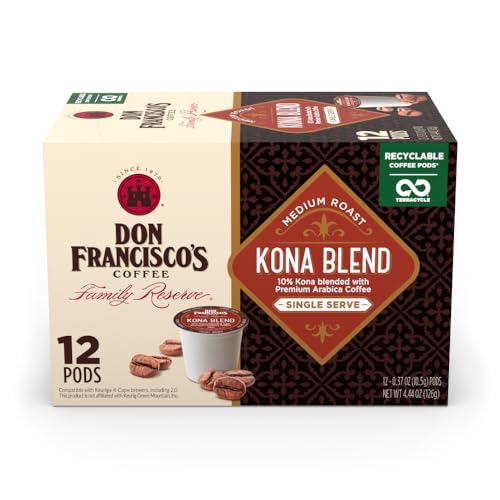 Don Francisco's Kona Blend Medium Roast K-Cup Single-Serve Coffee Pods, 12 Count - 10% Hawaiian, Compatible with Keurig Brewers, Recyclable through TerraCycle