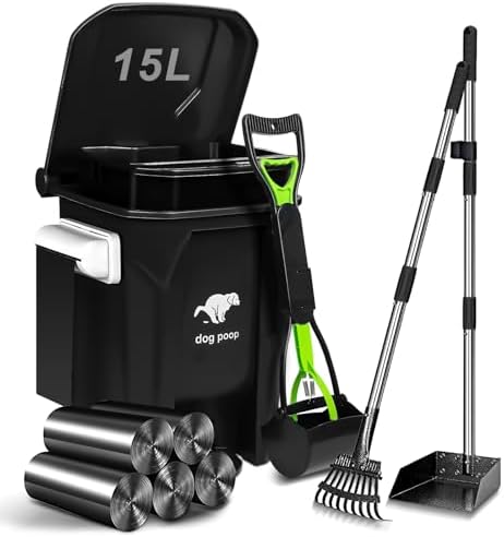Dog Poop Trash Can Outside with Pooper Scooper and Metal Rake & Tray, 15L/4Gal Dog Waste Trash Can with Lid, Pedal and Removable Inner Waste Bin, Outdoor Dog Poop Trash Can with 100 Bags