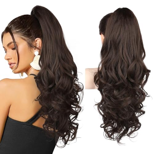 REECHO Ponytail Extension, 24" Claw Clip in Ponytail Extensions Long Curly Wavy Ponytail Hair Extension Jaw Clip on Pony Tails Hairpiece for Women - Dark Chocolate Brown
