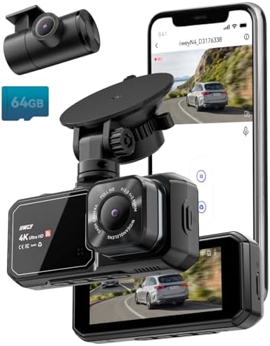 Dash Cam Front and Rear, 4K UHD Dual Dash Camera for Cars, 3.16" IPS Dashboard Camera Recorder Built-in WiFi & APP Control, with Free 64GB SD Card, G-Sensor, 24H/7 Parking Mode, WDR, Loop Recording