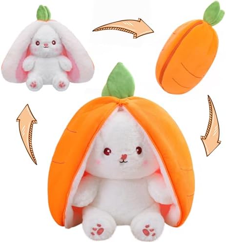 MIAODAM Cuddly Bunny Stuffed Animal, Kawaii Squishy Cute Easter Bunny Plush Turn Into Rabbit Fruit Doll Carrot Strawberry Pillow, Plushies Funny Bunny Toy for Baby (Carrot Rabbit, 10inch)