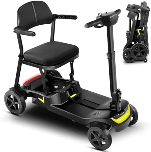 4 Wheel Mobility Scooter for Adults & Seniors Electric Powered Lightweight Foldable 5 MPH Speed 15 Miles Range Two Removable Batteries Airline Approved (Black Yellow, Standard)