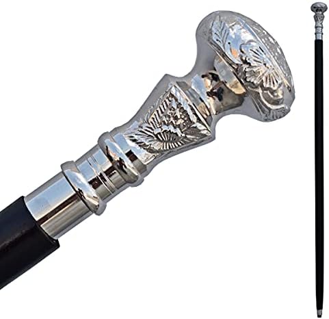 Vintage Walking Stick - Wooden Cane with Silver Brass Handle - Black Wood - Victorian Fancy Cane for Men and Women